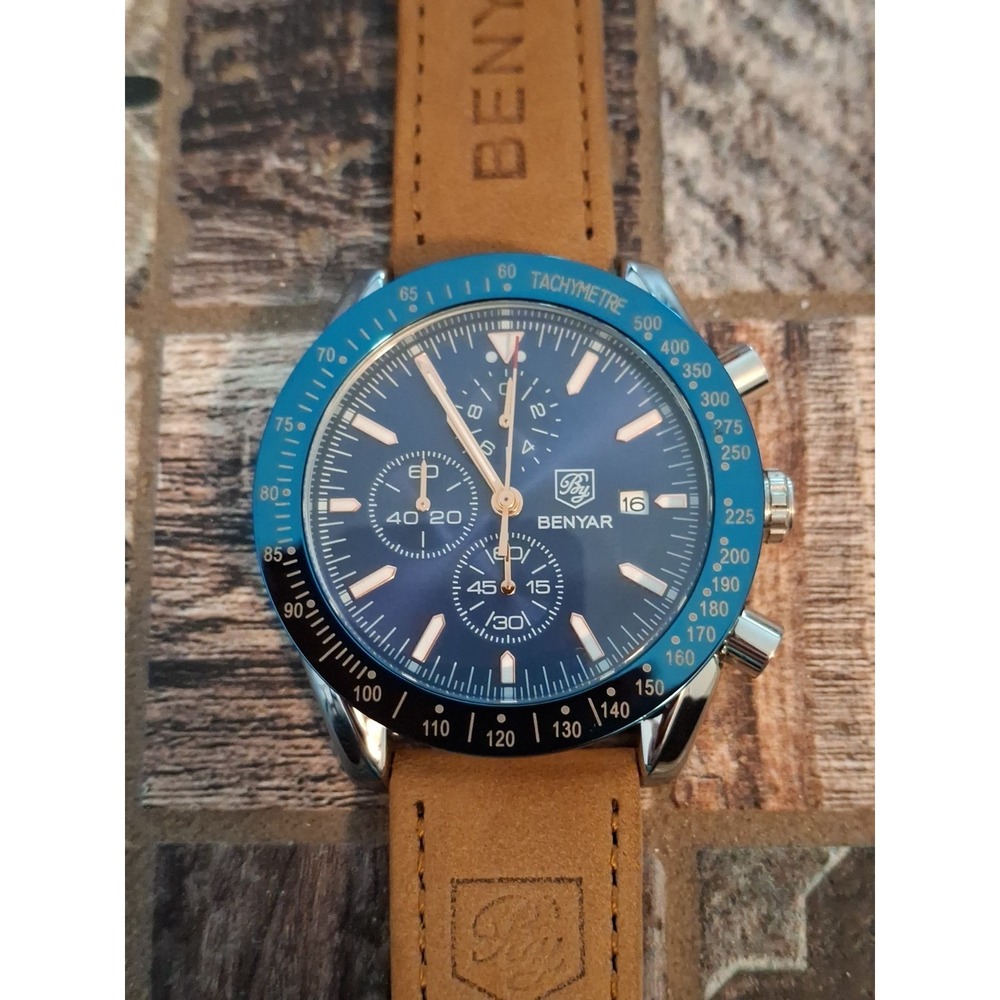NIB Benyar BY-5140M Mens Chrono,Quartz Watch. Blue Bezel/Dial,Brwn Leather Band
